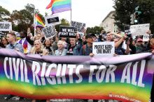 Activists and supporters block the street outside the U.S. Supreme Court in Washington Oct. 8, 2019. (CNS/Reuters/Jonathan Ernst)