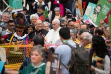 Pope Francis and Peruvian Cardinal Pedro Barreto Jimeno join a procession before the first session of the Synod for the Amazon on Oct. 7, 2019. (CNS photo/Vatican Media)