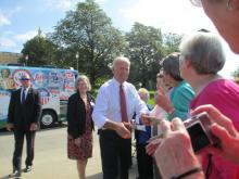 Vice President Joe Biden greets Catholic sisters who were kicking off Network's Nuns on the Bus tour Sept. 17, 2014, in Des Moines, Iowa. Social Service Sr. Simone Campbell, executive director of Network Catholic Social Justice Lobby, is at left behind hi