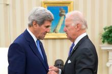 In October 2014, Secretary of State John Kerry talks with Vice President Joe Biden in the Oval Office in Washington, D.C. (Flickr/Obama White House/Pete Souza)