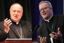 Left: San Diego Bishop Robert McElroy (CNS/Courtesy of University of San Diego/Ryan Blystone); right: Los Angeles Auxiliary Bishop Robert Barron (CNS/Bob Roller)