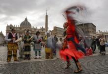 Members of the Assembly of First Nations perform in St. Peter's Square at the Vatican March 31. (AP/Alessandra Tarantino, file)