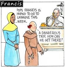 Francis, the comic strip: Pope Francis hopes to go to Ukraine. How can he get there?