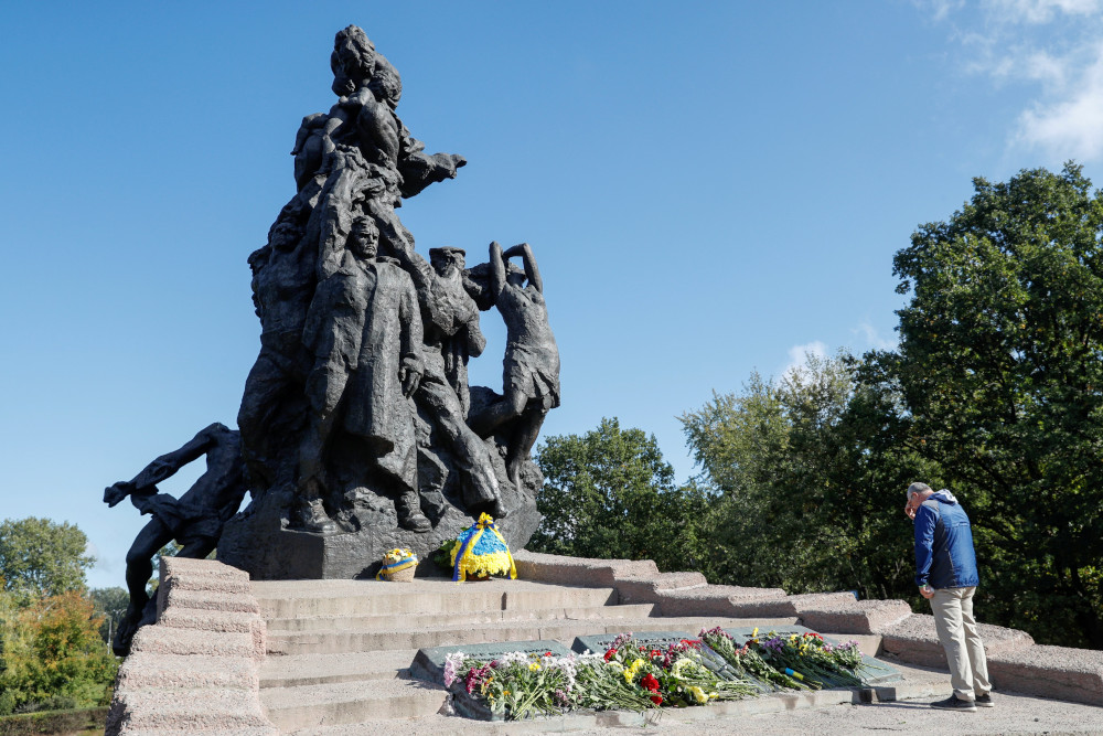 A man prays during a commemoration ceremony for the victims of a massacre of Jews during the Nazi Holocaust at Babi Yar in Kyiv, Ukraine, in this Sept. 29, 2021, file photo. (CNS/Reuters/Valentyn Ogirenko)