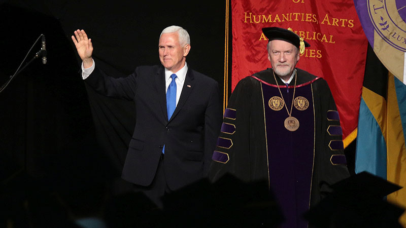 Vice President Mike Pence, left, attends the 2019 Taylor University commencement at the invitation of President Paul Lowell Haines, right. (RNS/Courtesy of Taylor University)