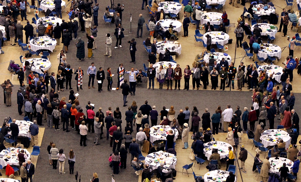 United Methodist delegates who advocated for LGBTQ inclusiveness gather to protest the adoption of the Traditional Plan on Feb. 26 during the special session of the General Conference in St. Louis. (RNS/Kit Doyle)