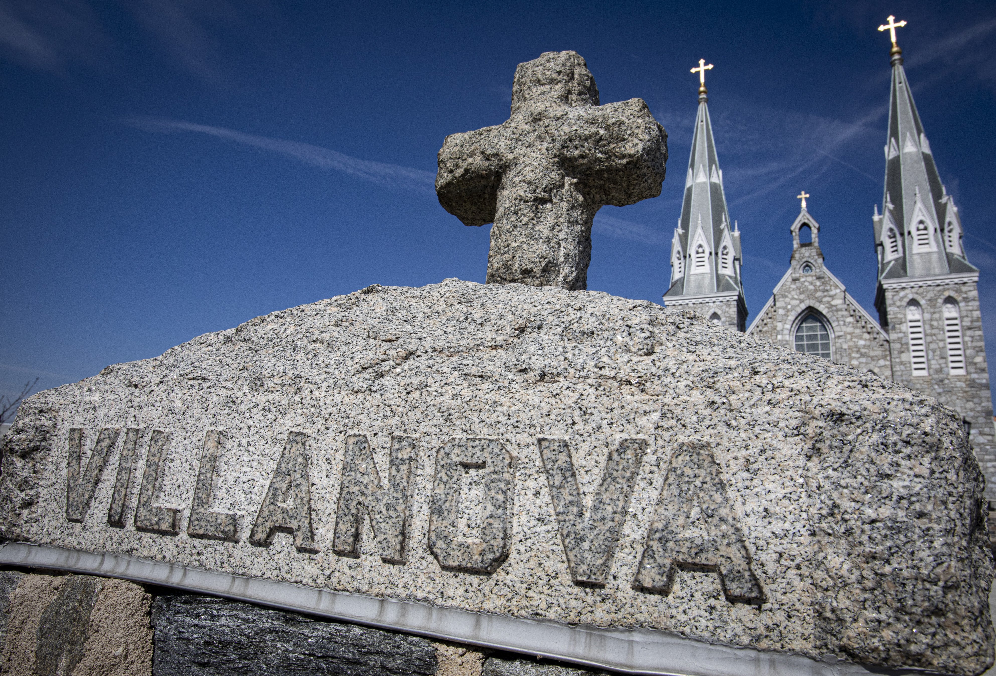 A pillar is visible in front of St. Thomas of Villanova Church on the campus of Villanova University near Philadelphia March 11, 2021. (OSV News photo/CNS file, Chaz Muth)