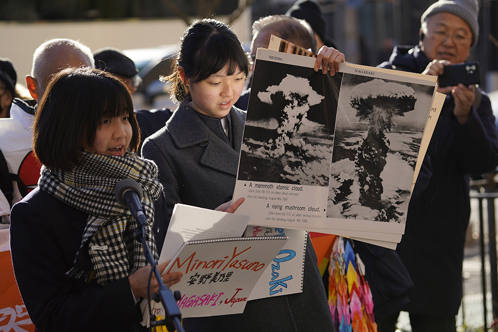 Representatives of the Hiroshima Nagasaki Peace Messengers speak across the street from United Nations headquarters in New York City during a rally to abolish nuclear weapons Nov. 28, 2023. (OSV News/Gregory A. Shemitz)