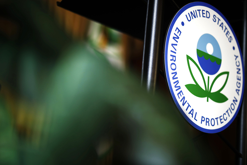 The U.S. Environmental Protection Agency's sign is seen on the podium at EPA headquarters in Washington July 11, 2018. (OSV News/Reuters/Ting Shen)