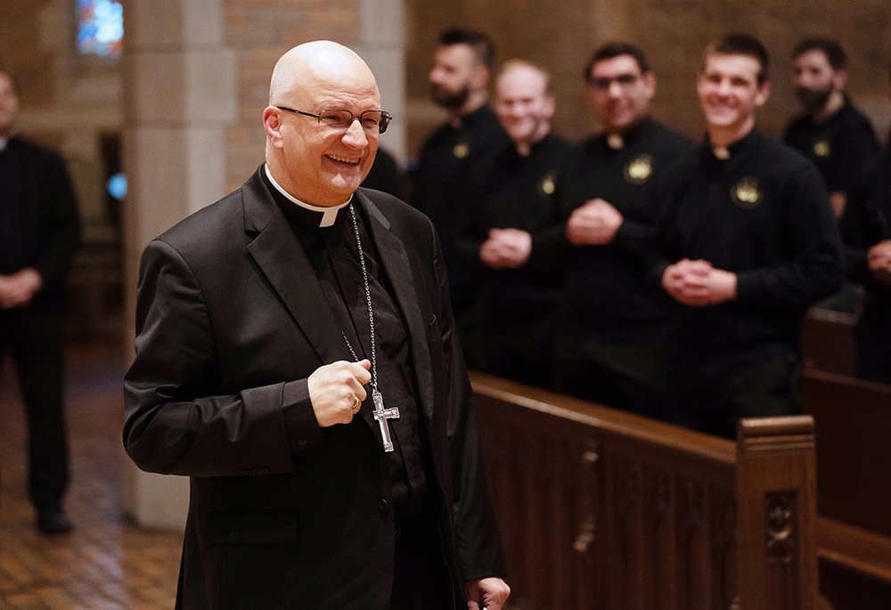 Archbishop Edward Weisenburger greets seminarians in the chapel at Detroit's Sacred Heart Major Seminary on Feb. 11, 2025. Early that morning, Pope Francis accepted the resignation of Detroit Archbishop Allen Vigneron, and appointed the former Tucson, Arizona, bishop to succeed Vigneron. Weisenburger was installed March 18. (OSV News/Detroit Catholic/Valaurian Waller)