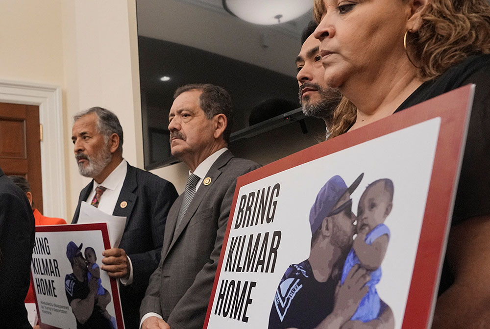 U.S. Rep. Juan Vargas, D-Calif., and U.S. Rep. Jesus "Chuy" Garcia, D-Ill., members of the Congressional Hispanic Caucus, join family members and supporters of Kilmar Armando Abrego Garcia, a Salvadoran migrant who lived in the U.S. with legal protection from deportation until he was erroneously deported to El Salvador, at a press conference in Washington April 9, 2025. (OSV News/Reuters/Ken Cedeno)