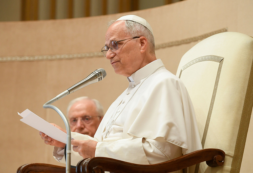 Pope Leo XIV addresses people attending the Conference of the International Inter-Parliamentary Union during an audience in the Hall of Benediction at the Vatican June 21, 2025. He reflected on the ethical challenges posed by artificial intelligence. (CNS/Vatican Media)