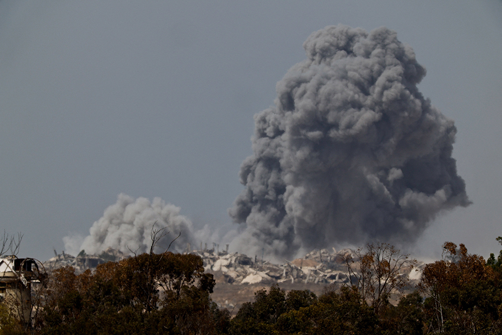 Smoke rises after an explosion in Gaza, as seen from the Israeli side of the Israel-Gaza border, July 29, 2025. (OSV News/Reuters/Amir Cohen)