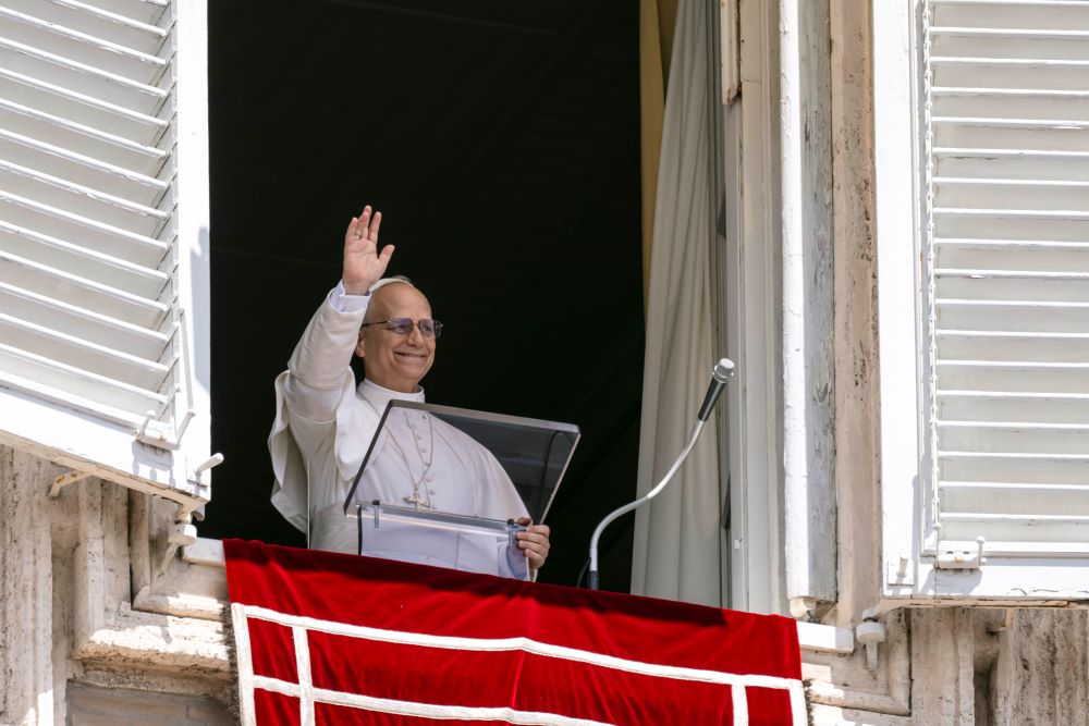 Pope Leo XIV greets pilgrims after leading the Angelus in St. Peter’s Square at the Vatican July 27. (CNS/Vatican Media)