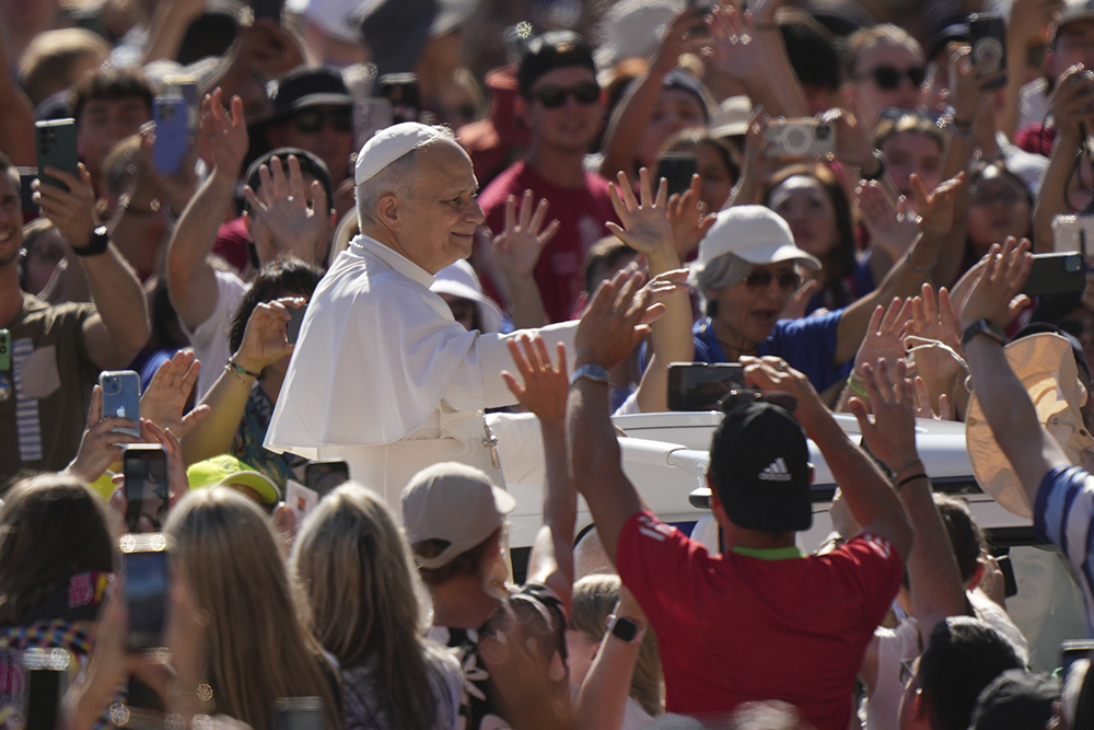 Pope Leo XIV holds his weekly general audience in St. Peter's Square, at the Vatican July 30, 2025. (AP Photo/Andrew Medichini)