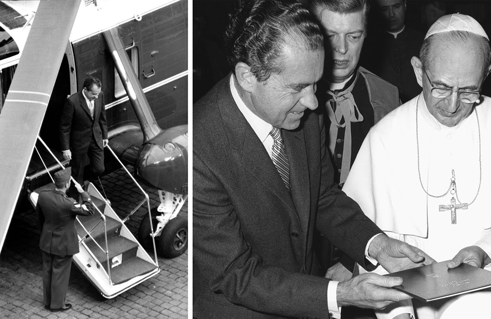 When then-President Richard Nixon met with Pope Paul VI in 1970, he arrived by helicopter, landing and taking off from St. Peter's Square. In August of 1972, Nixon campaigned hard for the Catholic vote, and NCR covered it from its then-newly opened Washington bureau. (CNS file photos)