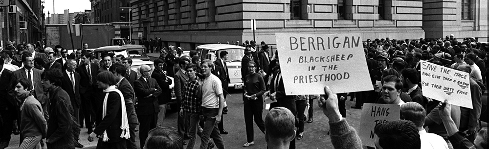 The Catonsville Nine were tried in federal court in Baltimore in October 1968. Large demonstrations occurred outside the Federal Courthouse during the trial. (CNS files)
