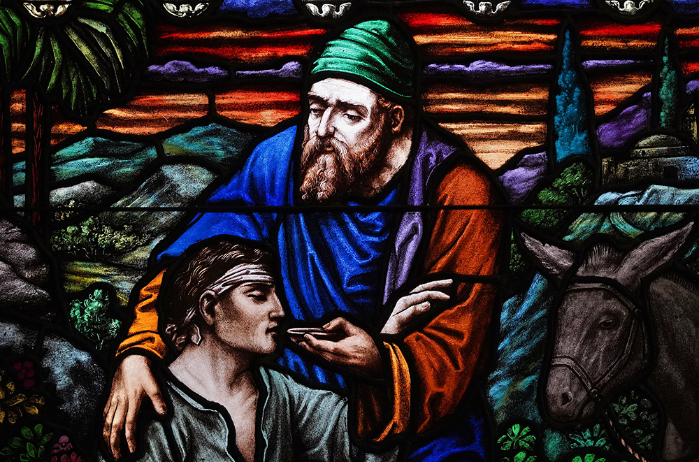 The parable of the good Samaritan is depicted in a stained-glass window at Good Samaritan Hospital Medical Center in West Islip, N.Y. (CNS/Gregory A. Shemitz)