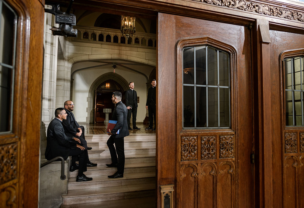 Seminarians chat outside the chapel at Sacred Heart Major Seminary in Detroit Oct. 5, 2021. (CNS/Detroit Catholic/Marek Dziekonski)