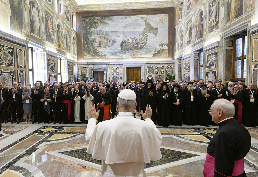 Pope Leo XIV greets participants attending a conference on the ecumenical implications of the 1,700th anniversary of the Council of Nicaea June 7, 2025, in the Clementine Hall of the Apostolic Palace at the Vatican. (CNS/Vatican Media)