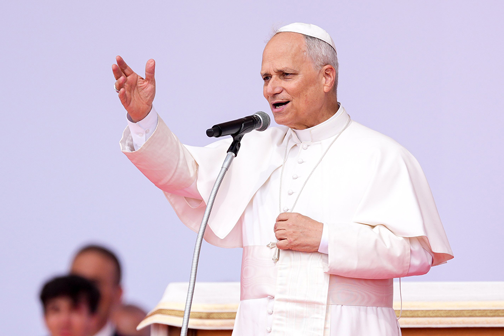 Pope Leo XIV gives a word of thanks at the conclusion of the Jubilee of Youth in Rome’s Tor Vergata neighborhood Aug. 3, 2025. The pope presided over the closing Mass and led the recitation of the Angelus. (CNS/Lola Gomez)