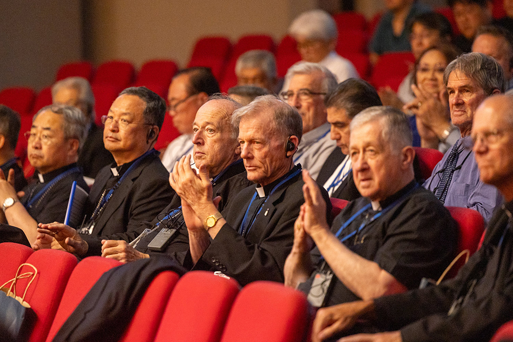 Washington Cardinal Robert McElroy, center, and other U.S. prelates attend a peace event hosted Aug. 5, 2025, by the Diocese of Hiroshima, Japan, where atomic bombing survivors were honored. The U.S. prelates pictured with the cardinal, from left to right, are Archbishop John Wester of Santa Fe, N.M., Cardinal Blase Cupich of Chicago and Archbishop Paul Etienne of Seattle. (OSV News/Catholic Standard/Mihoko Owada)