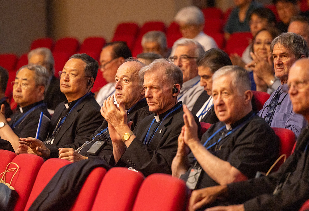 Washington Cardinal Robert W. McElroy, center, and other U.S. prelates attend a peace event hosted Aug. 5, 2025, by the Diocese of Hiroshima, Japan, where atomic bombing survivors were honored. The U.S. prelates pictured with the cardinal, left to right, are Archbishop John C. Wester of Santa Fe, New Mexico, Cardinal Blase J. Cupich of Chicago and Archbishop Paul D. Etienne of Seattle. (OSV News/Catholic Standard/Mihoko Owada)