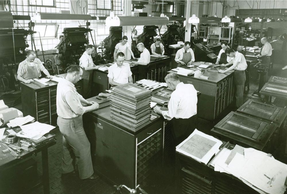 Our Sunday Visitor's composing room, where the weekly paper was put together, in a photo prior to 1961. The publication, which became a magazine in 2024, will publish its final issue in October. (Courtesy Smithsonian National Postal Museum)