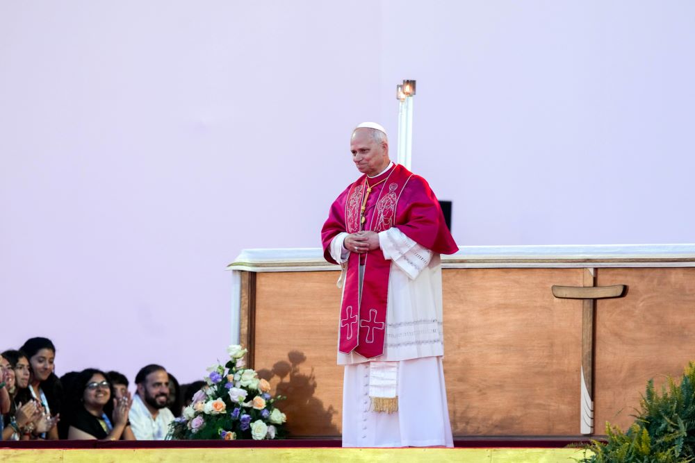 Pope Leo XIV begins the vigil with thousands of young people gathered in Tor Vergata in Rome Aug. 2, 2025, during the Jubilee of Youth. (CNS/Lola Gomez)