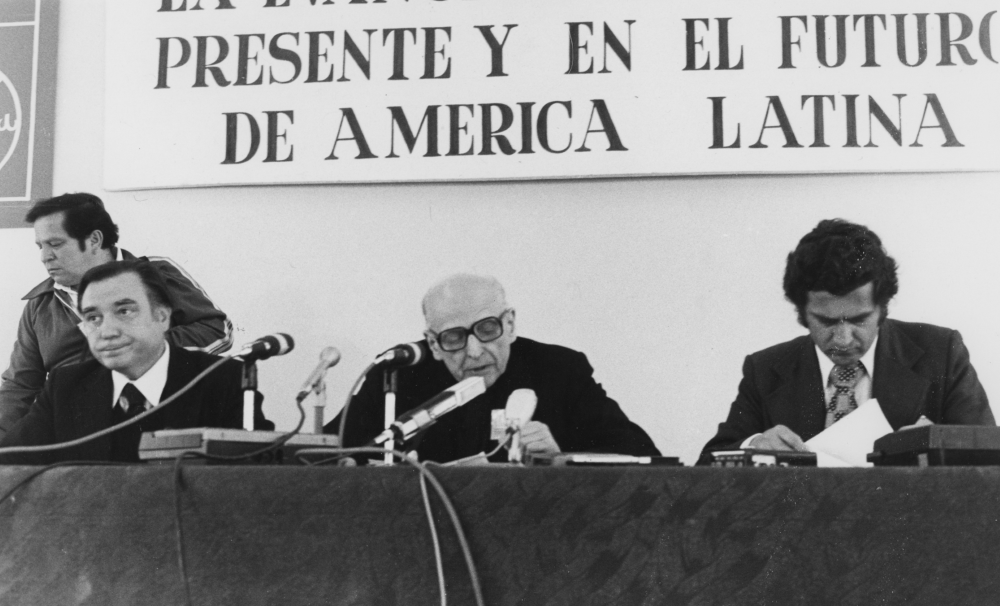 Fr. Pedro Arrupe at press conference in 1979