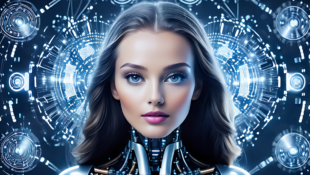 AI-generated image of a human with long hair surrounded by symbols