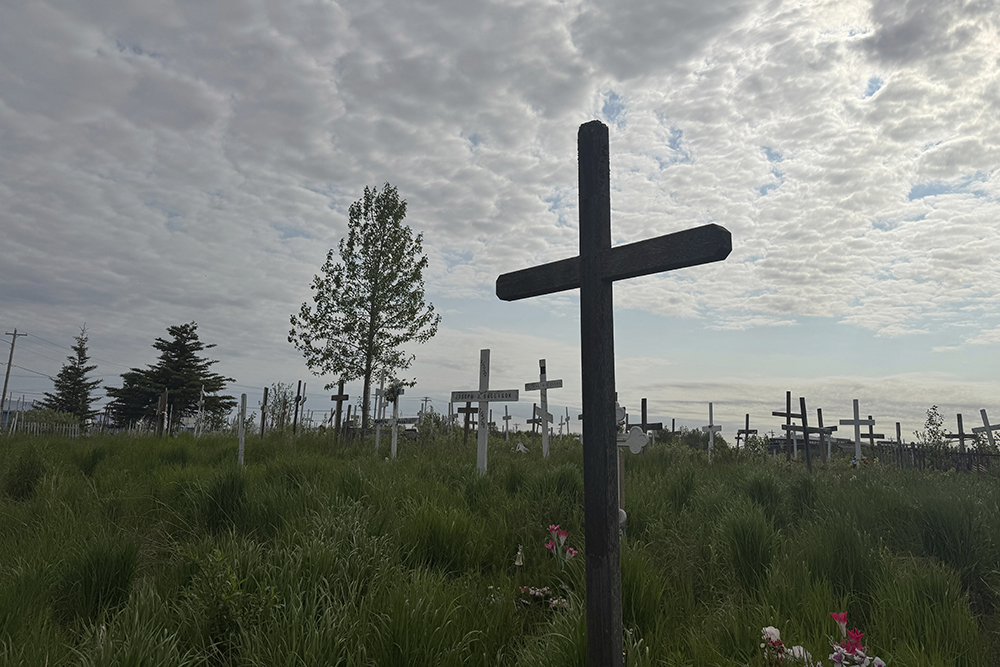 Crosses are seen at the Ridgecrest Memorial Cemetery in Bethel, Alaska, on June 17, 2025. (AP/Mark Thiessen)