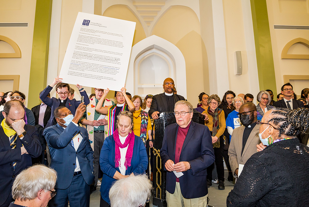 More than 1,700 people gather at a housing justice rally hosted by the Islamic Society of Boston Cultural Center in Roxbury in 2024. Organizing groups included the Greater Boston Interfaith Organization.