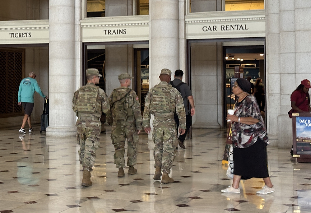 National Guard troops walk through Union Station in Washington, D.C., on Aug. 25, 2025. (NCR photo/James V. Grimaldi)