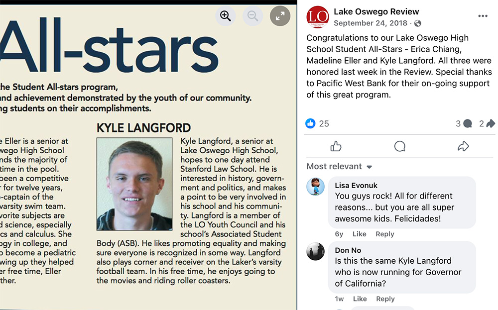 In 2018, Kyle Langford was profiled in his local newspaper as a “student all-star,” as seen in a Facebook post from the Lake Oswego Review in Oregon. (NCR screenshot)
