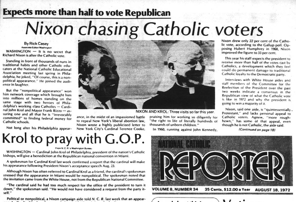 The Aug. 18, 1972, issue of National Catholic Reporter includes an article by Rick Casey on then-President Richard Nixon and his campaign for Catholic voters. (NCR photo)