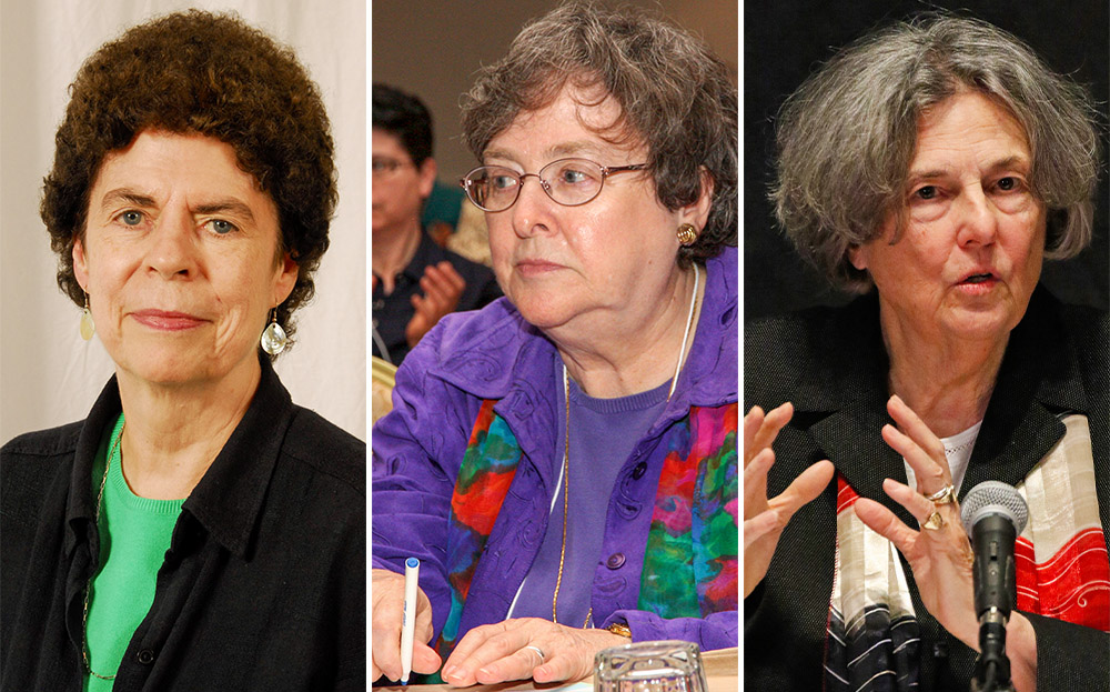 From left: Mercy Sr. Margaret Farley in an undated photo (CNS/Courtesy of Yale Divinity School); St. Joseph Sr. Elizabeth Johnson in 2011 (NCR photo/Jan Jans); Phyllis Zagano in 2019 (CNS/Gregory A. Shemitz)