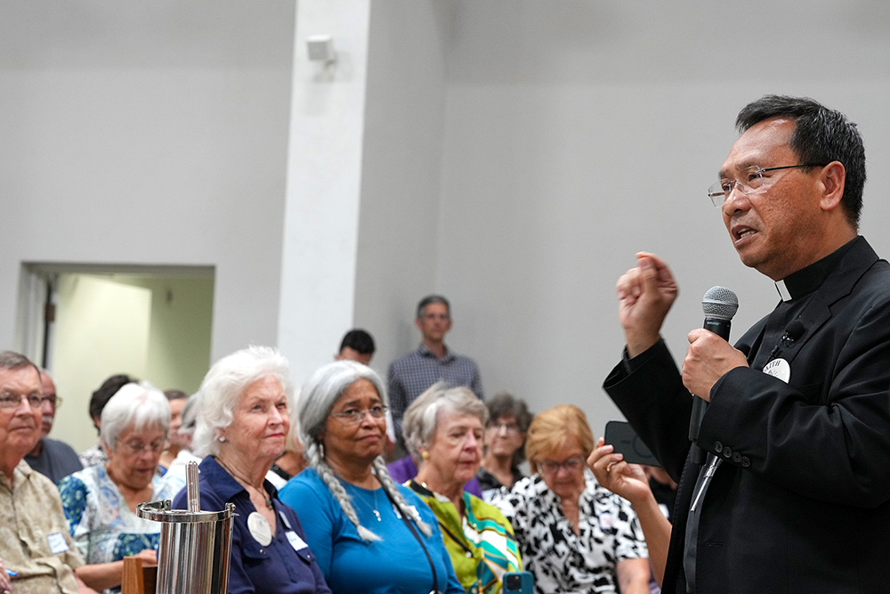 San Diego Bishop Michael Pham speaks about the importance of the new court accompaniment ministry for immigrants. (NCR photo/Chris Stone)