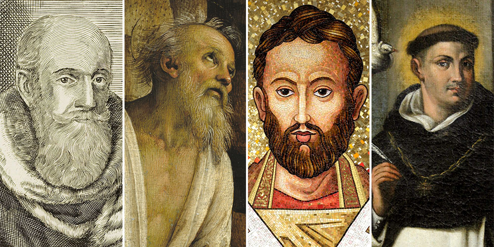 Artists' depictions of church fathers and doctors of the church, from left: Tertullian (KU Leuven Libraries Special Collections); St. Jerome (Wikimedia Commons/Samuel H. Kress Collection); St. Augustine (OSV News/The Crosiers/Gene Plaisted); St. Thomas Aquina (OSV News/Nancy Wiechec)