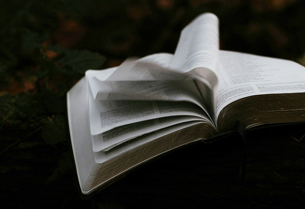 A photo illustration shows the pages of a Bible flipping against a dark, obscured background. (Unsplash/Priscilla Du Preez)