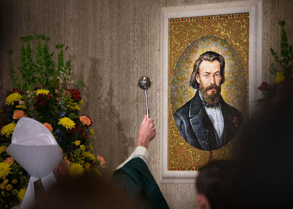 Bishop Donald J. Hying of Madison, Wis., blesses a mosaic of Blessed Frederic Ozanam at the Basilica of the National Shrine of the Immaculate Conception in Washington Jan. 26, 2020.