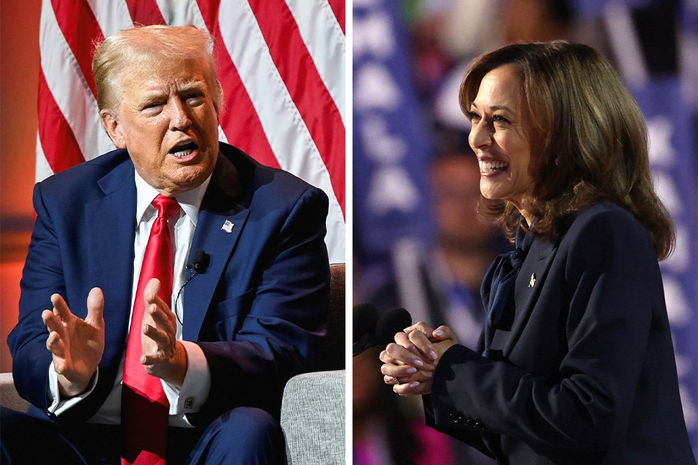 President Donald Trump, then the Republican presidential nominee, speaks on a panel of the National Association of Black Journalists convention in Chicago July 31, 2024. (OSV News/Reuters/Vincent Alban); Democratic presidential nominee and then Vice President Kamala Harris takes the stage during the Democratic National Convention in Chicago Aug. 22, 2024. (OSV News/Reuters/Brendan Mcdermid)