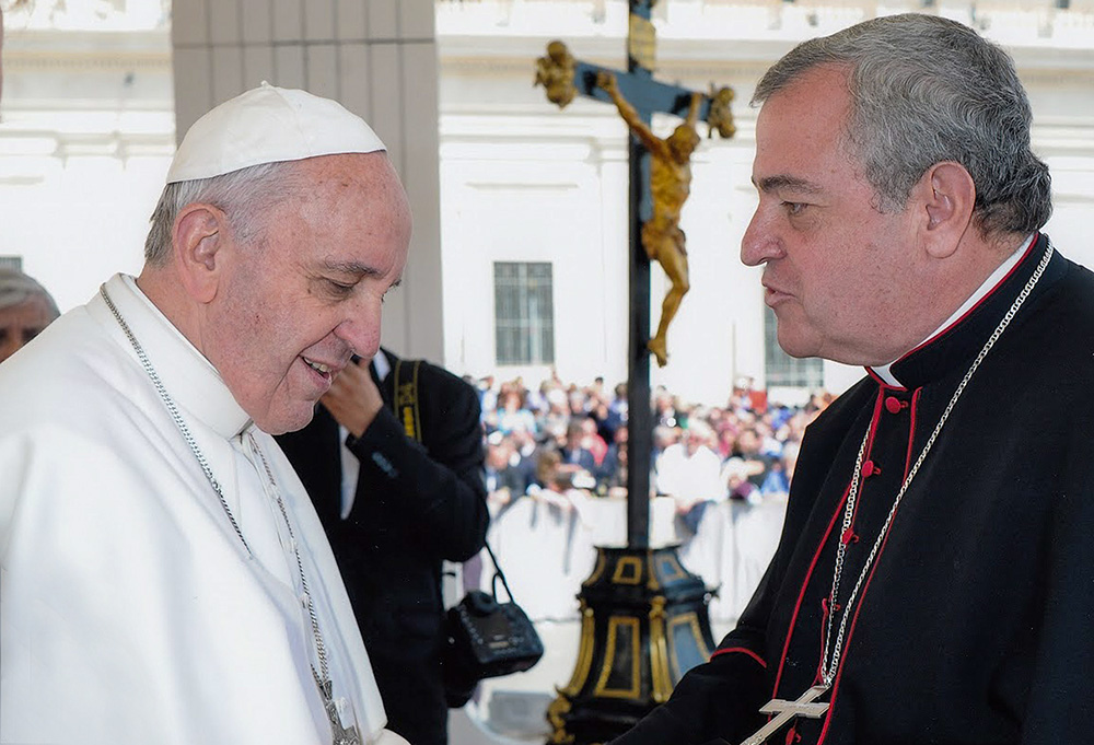 Pope Francis greets Peruvian Archbishop José Antonio Eguren of Piura in St. Peter's Square at the Vatican May 1, 2013. (OSV News/Vatican Media/CPP)