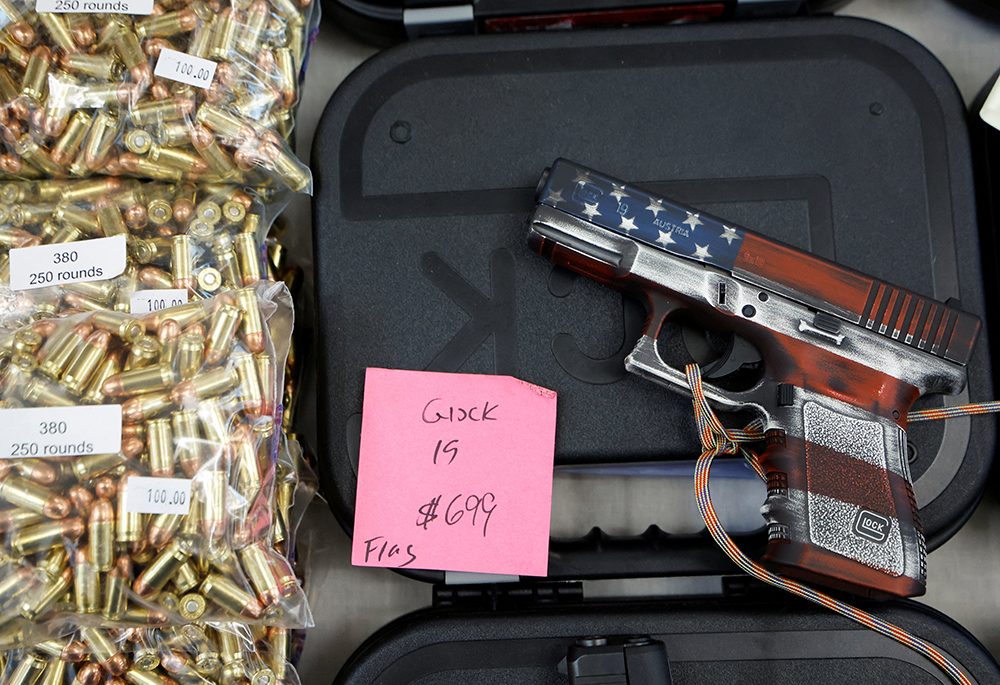 A U.S. flag-themed handgun is displayed for sale at the Des Moines Fairgrounds Gun Show at the Iowa State Fairgrounds in Des Moines March 11, 2023. (OSV News/Reuters/Jonathan Ernst)