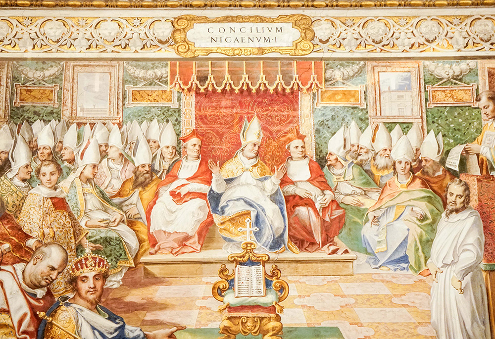 A wall fresco depicting the First Council of Nicaea can be seen in this photo taken in the Sistine hall of the Vatican Library July 19, 2023. The council was held in 325 and its 1700th anniversary coincides with the Holy Year 2025. (CNS/Carol Glatz)
