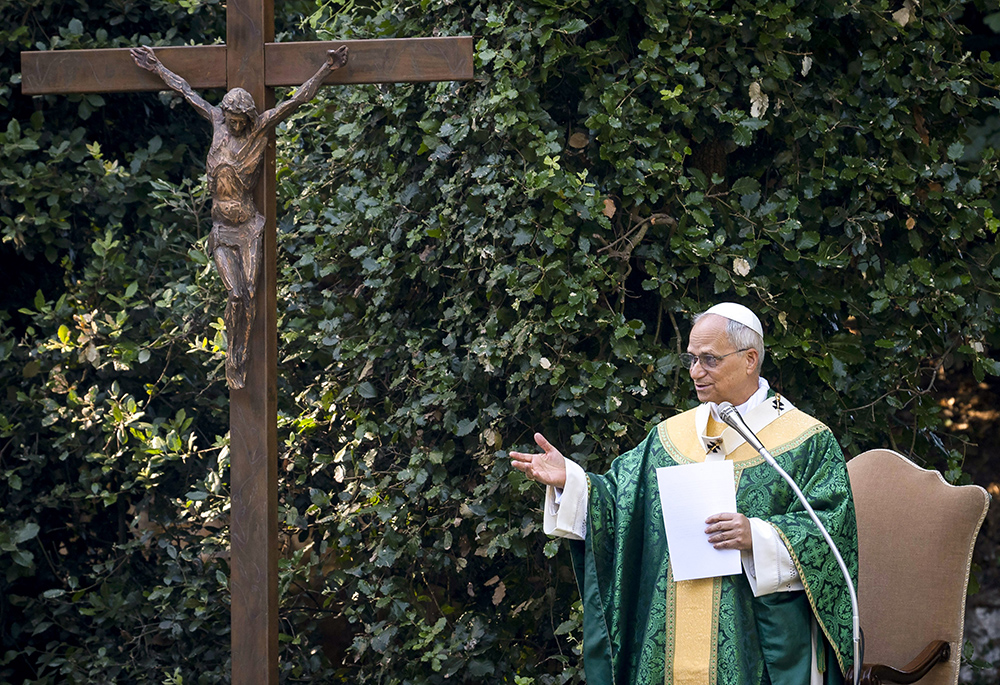 Pope Leo XIV celebrates Mass for the Care of Creation on the grounds of the Borgo Laudato Si’ ecology center in Castel Gandolfo, Italy, July 9, 2025. In his homily, the pope called for ecological conversion while drawing from the legacy of Pope Francis and his encyclical "Laudato Si', on Care for Our Common Home." (CNS/Cristian Gennari, pool)