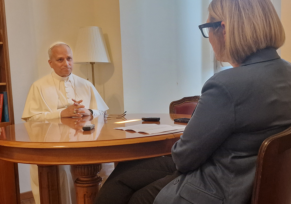 Pope Leo XIV speaks with Elise Ann Allen of Crux on July 30, 2025. (Crux photo)
