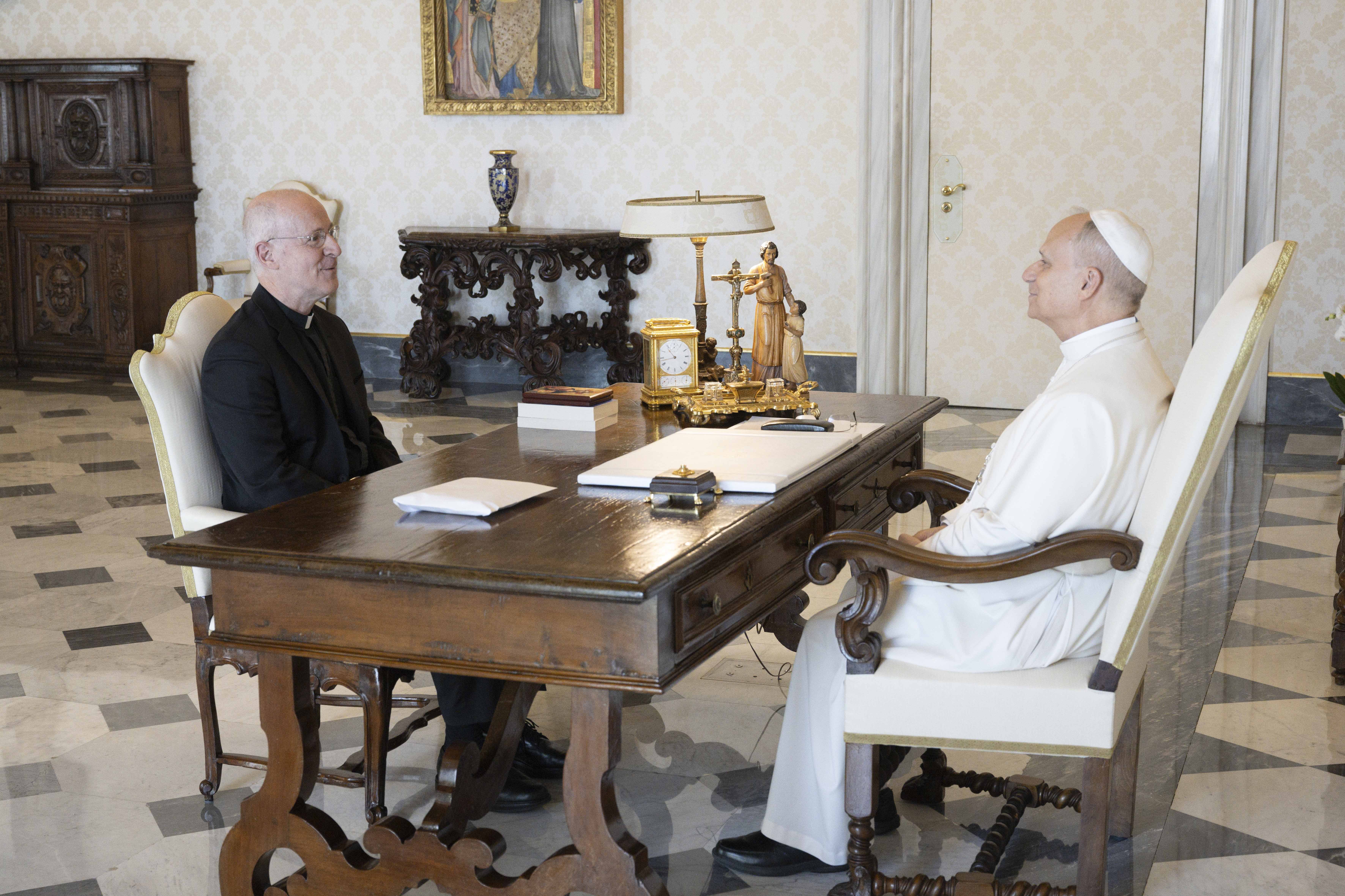 In a photo released by the Vatican, Martin is seen meeting Leo in the pope’s private library, where the pontiff meets heads of states, cardinals, bishops, major religious leaders, and other distinguished people. 