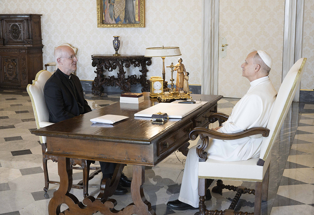 Pope Leo XIV meets with Jesuit Fr. James Martin, an author and editor at large at America magazine, in the library of the Apostolic Palace at the Vatican Sept. 1, 2025. (CNS/Vatican Media)