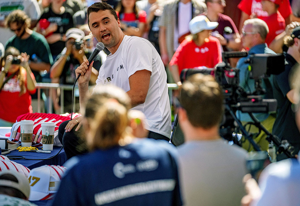 Conservative activist Charlie Kirk appears at a Utah Valley University speaking event in Orem, Utah, Sept. 10, 2025. Kirk was shot during the event, and President Donald Trump later said on social media that Kirk had been killed. (OSV News/Trent Nelson, The Salt Lake Tribune via Reuters)